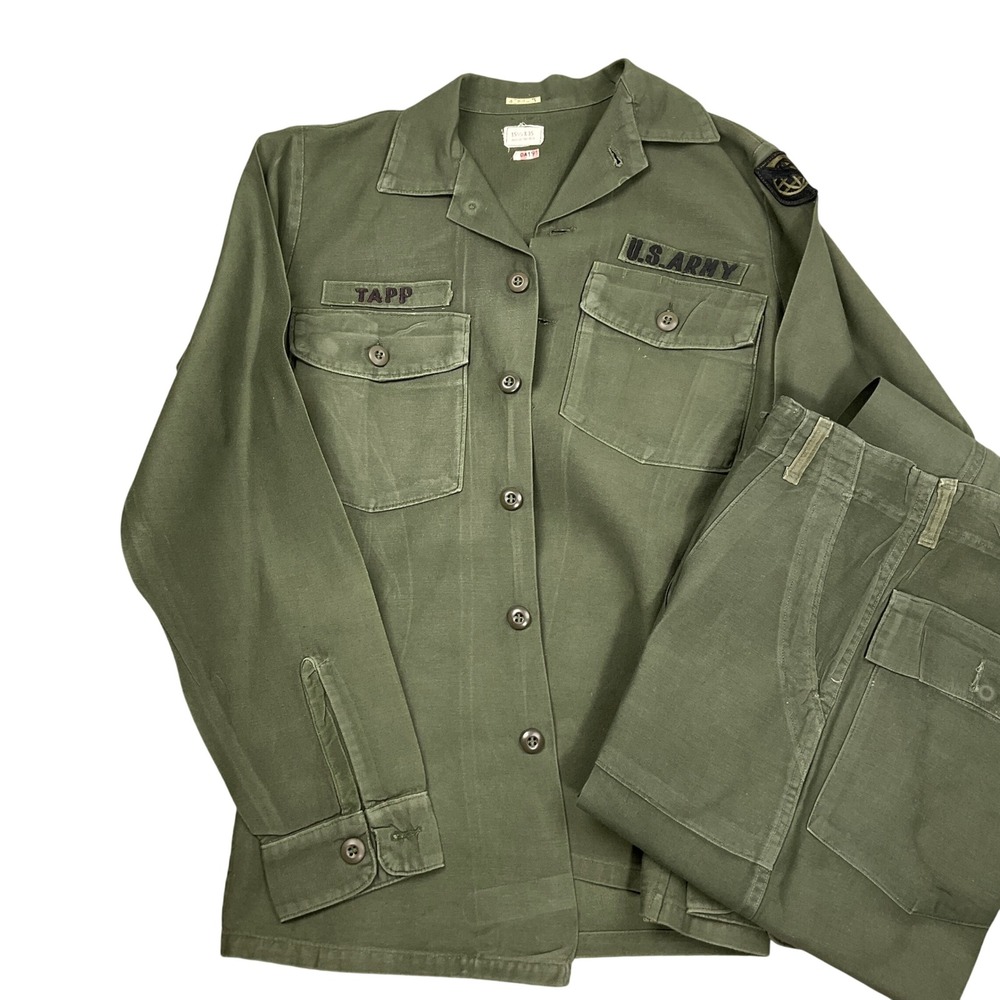 US Army Military Uniform 2PC sET Mens 15.5x35 Green OG-107 Fatigue Tapp vtg